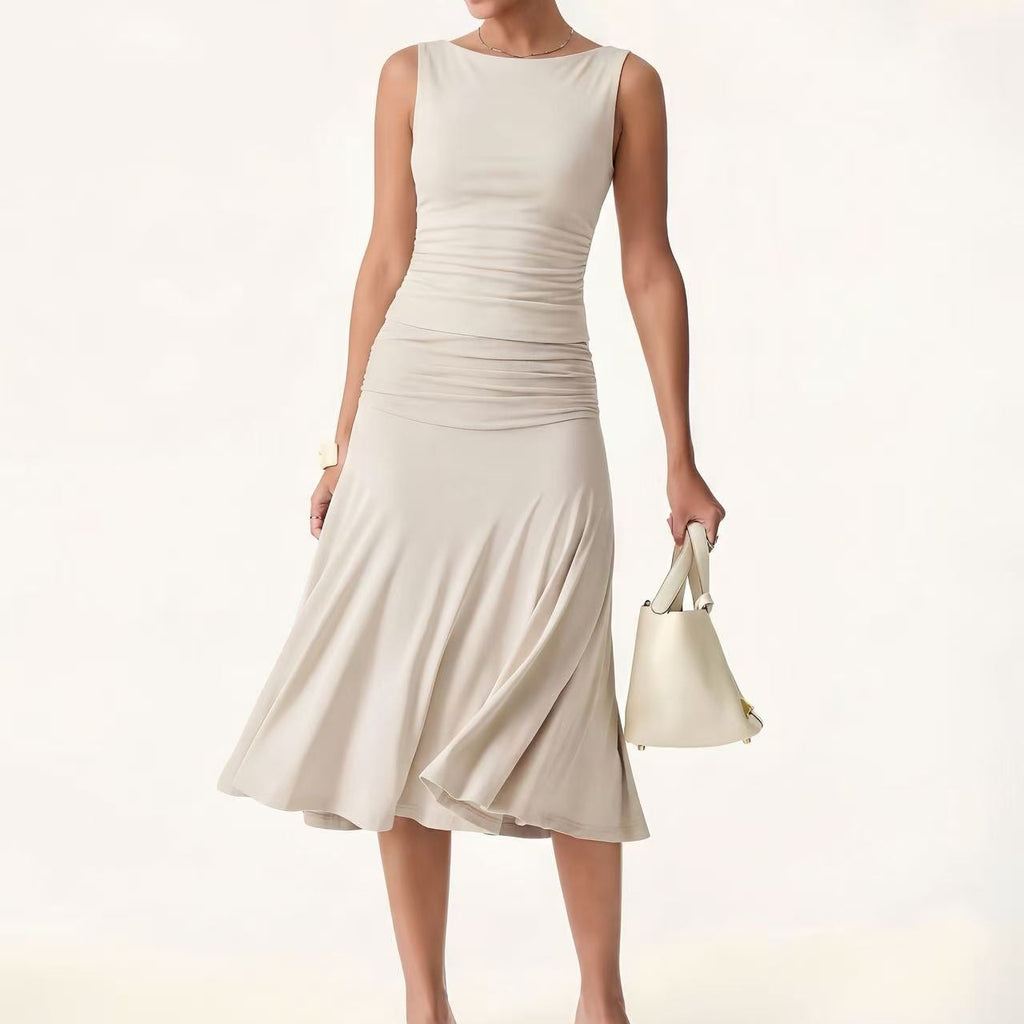 Beige Sleeveless Pleated Top and Flared Midi Skirt Set
