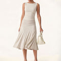 Beige Sleeveless Pleated Top and Flared Midi Skirt Set