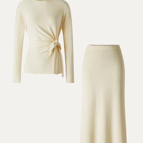 Beige Straight Cut Midi Skirt Two Piece Set