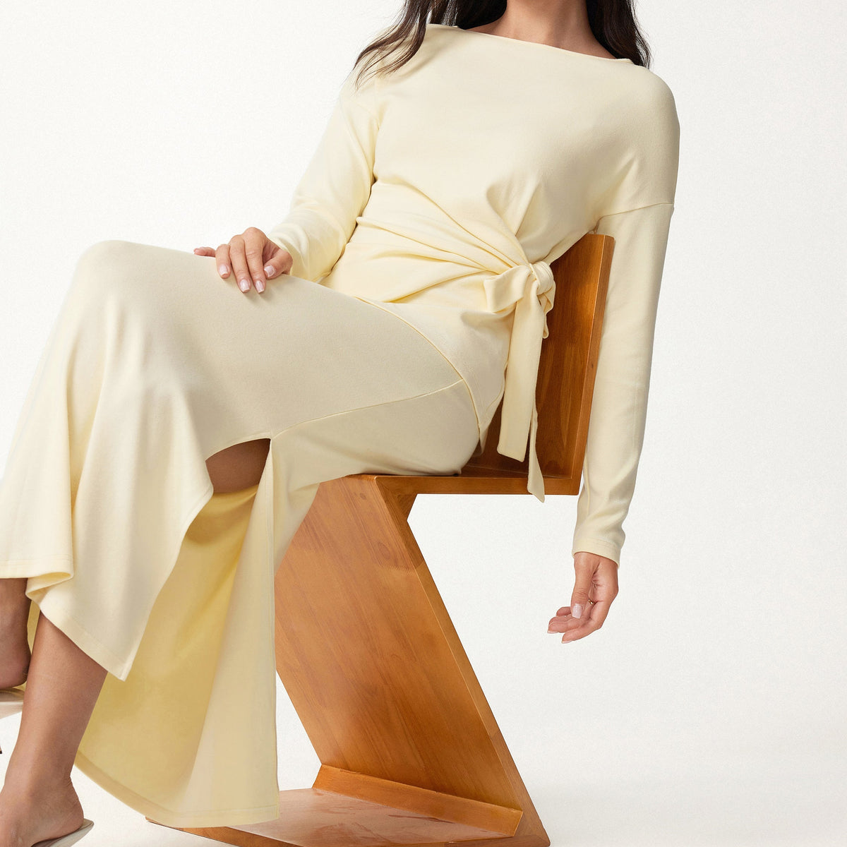 Beige Straight Cut Midi Skirt Two Piece Set