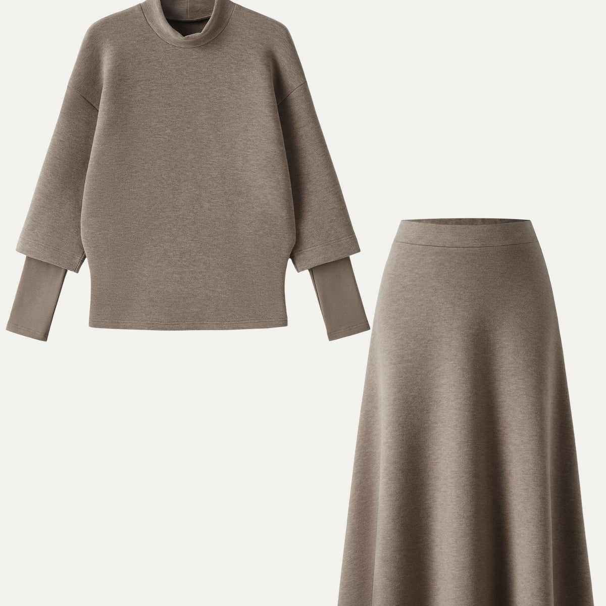 Camel Colored Mock Neck Knit Top and A Lne Midi Skirt Set