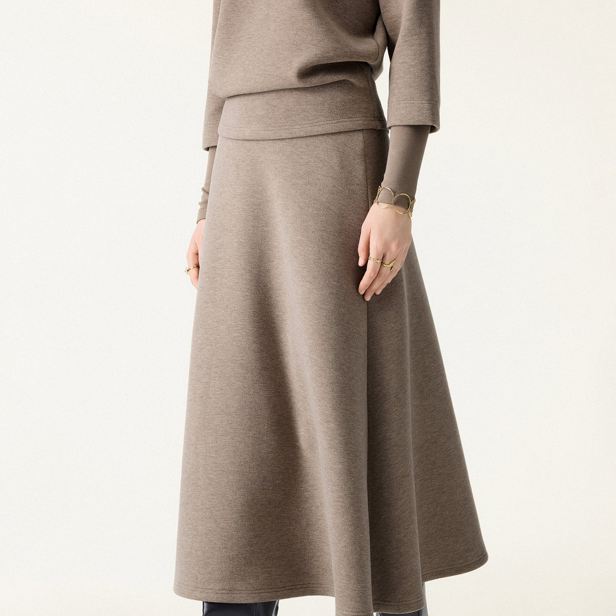 Camel Colored Mock Neck Knit Top and A Lne Midi Skirt Set