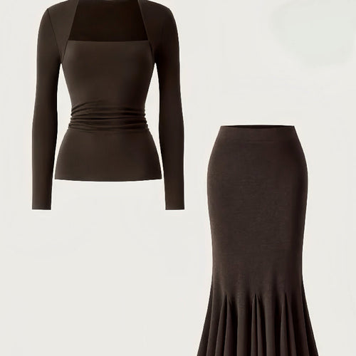 Dark Brown Square Neck Long Sleeved Top And Long Skirt Set