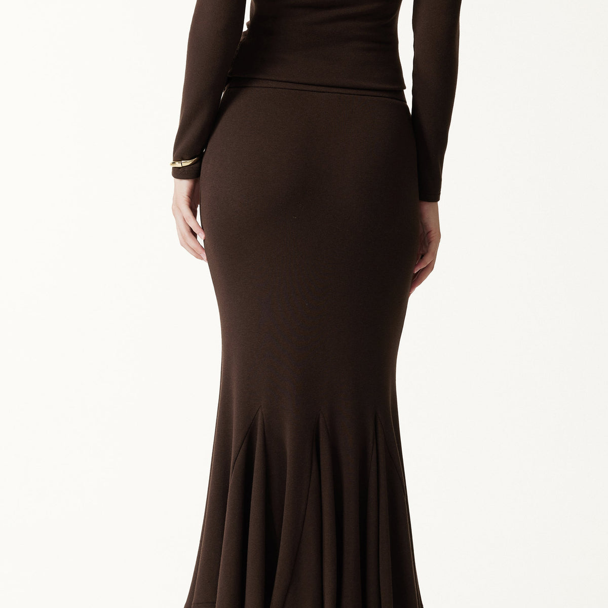 Dark Brown Square Neck Long Sleeved Top And Long Skirt Set