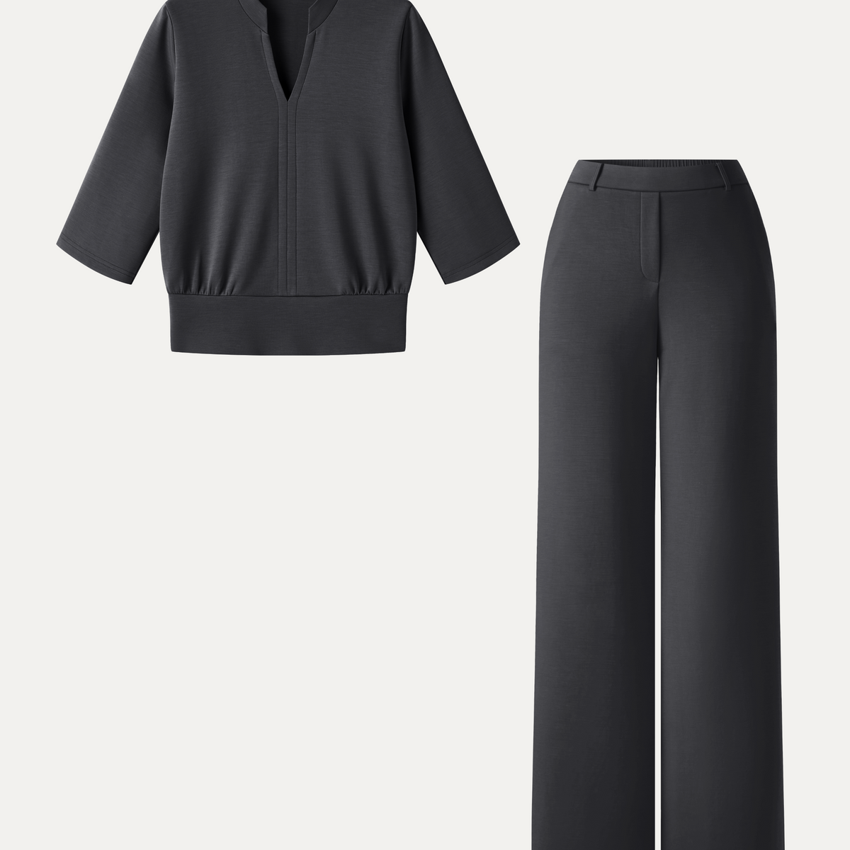 Dark Gray Three Quarter Sleeve Top and Wide Leg Trousers Set