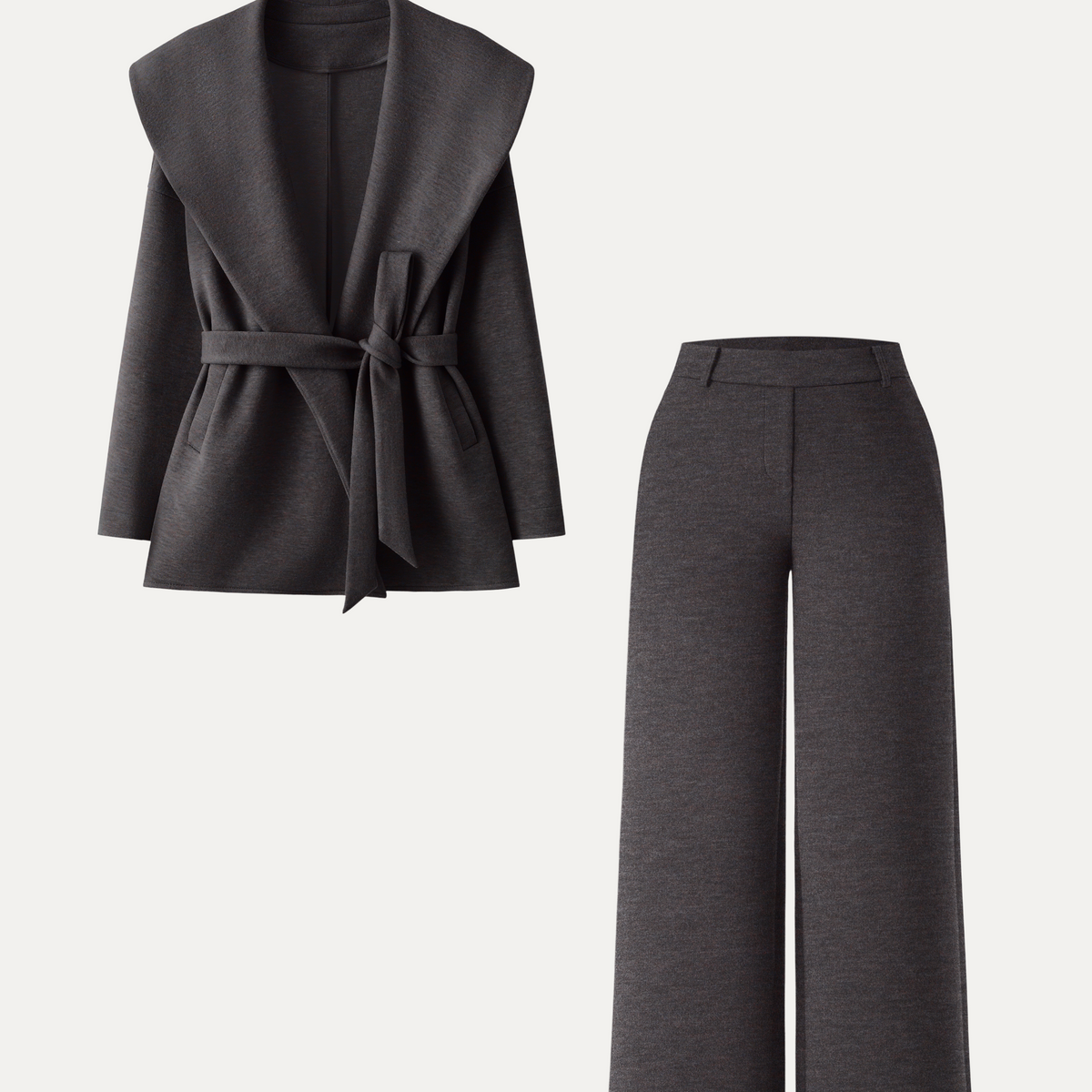 Dark Gray Tie Neck Coat and Wide Leg Trousers Set