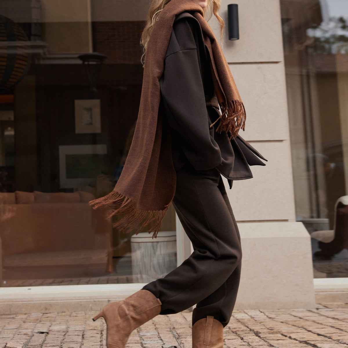 Dark Gray Tie Neck Coat and Wide Leg Trousers Set