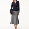 Navy Blue Lapel Wrap Style Two Piece Set