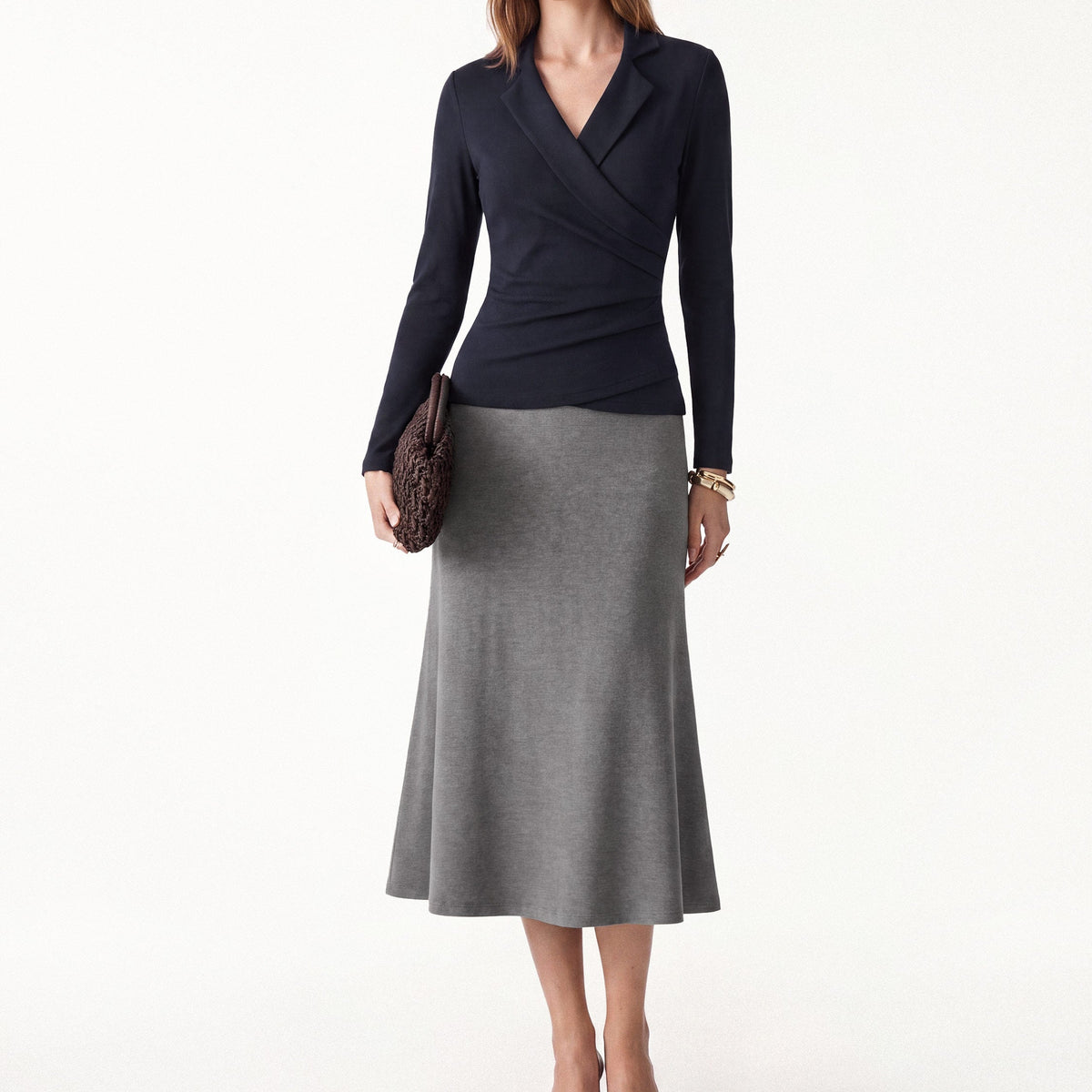 Navy Blue Lapel Wrap Style Two Piece Set