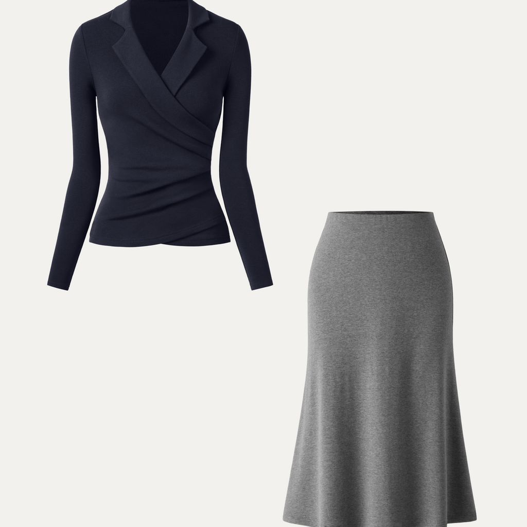 Navy Blue Lapel Wrap Style Two Piece Set