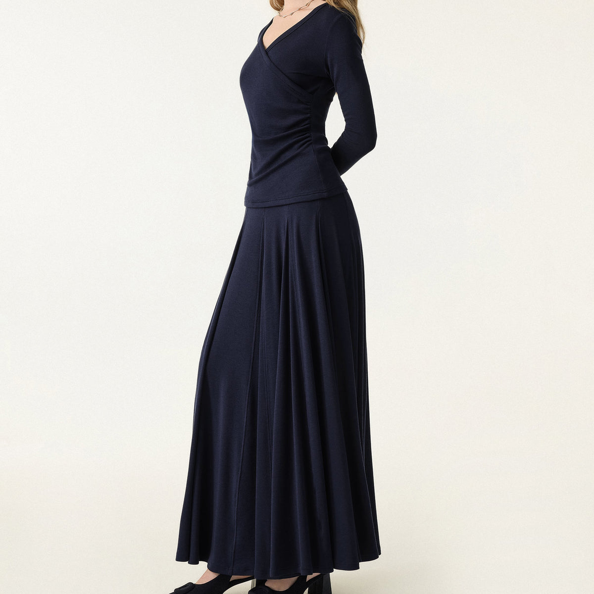 Navy Blue V Neck Pleated Flowy Maxi Dress Two-Piece Set