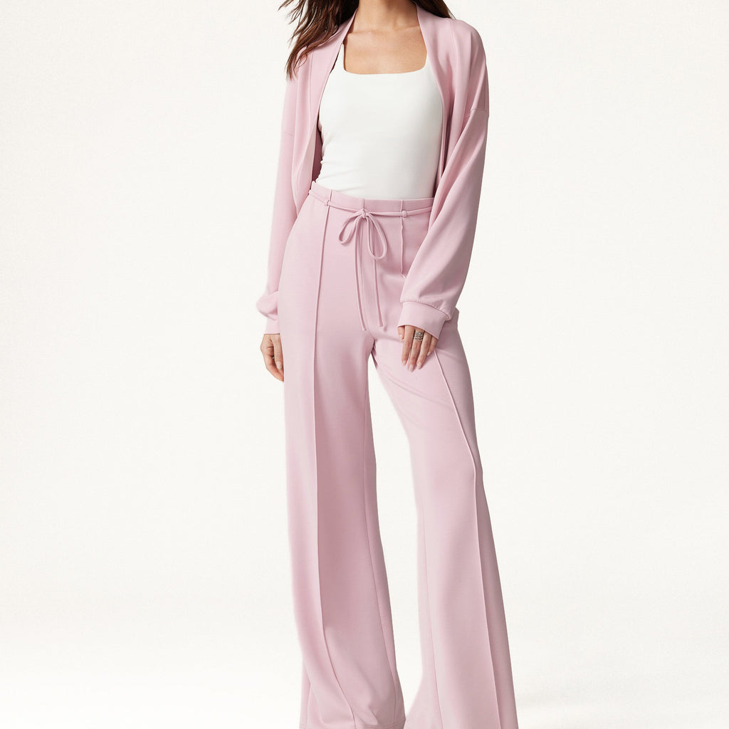 Pink Cardigan and Drawstring Wide Leg Pants Set