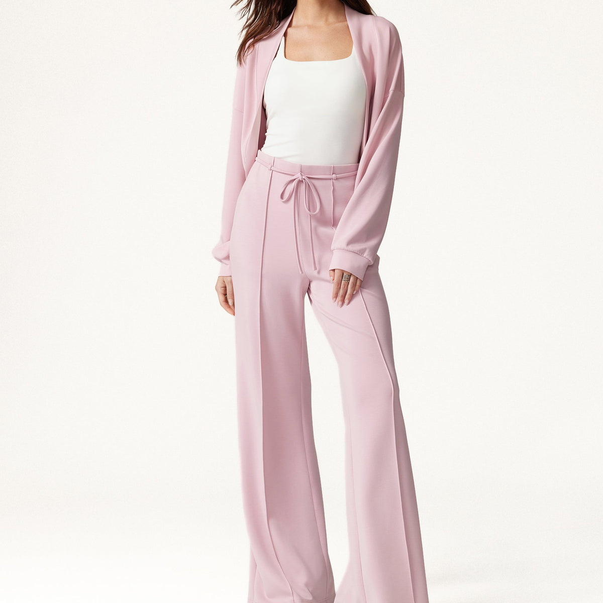 Pink Cardigan and Drawstring Wide Leg Pants Set