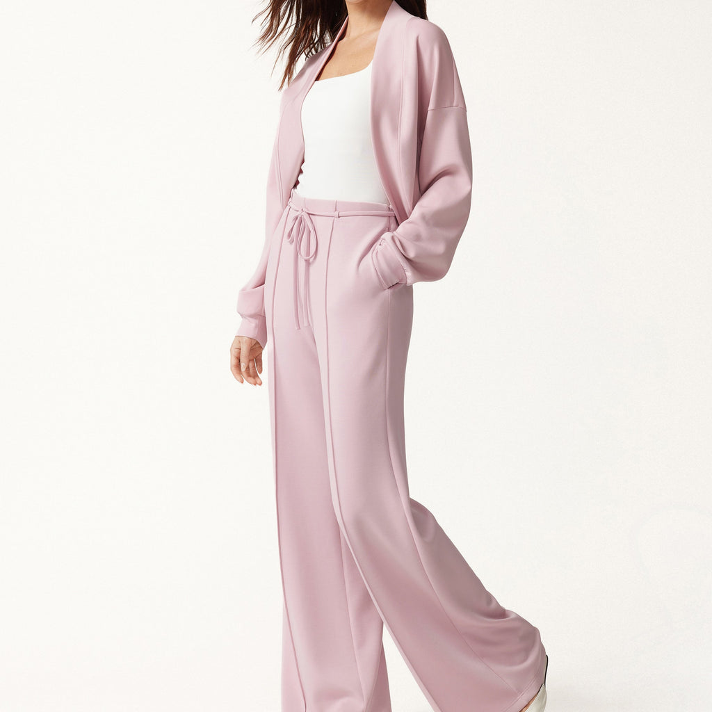 Pink Cardigan and Drawstring Wide Leg Pants Set