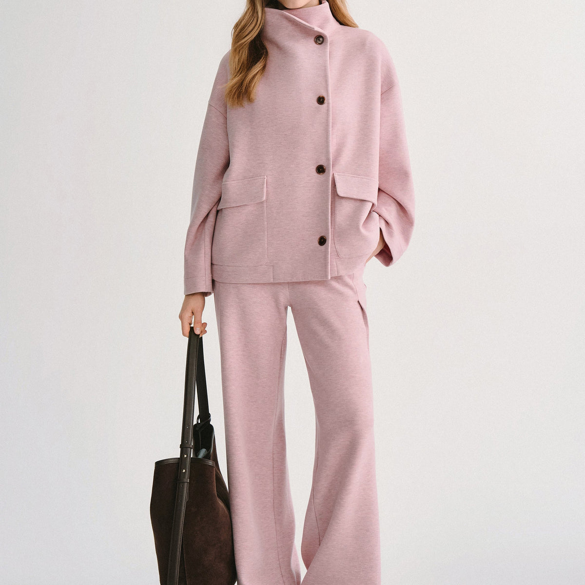 Pink Two Piece Set with Stand Collar and Buttons