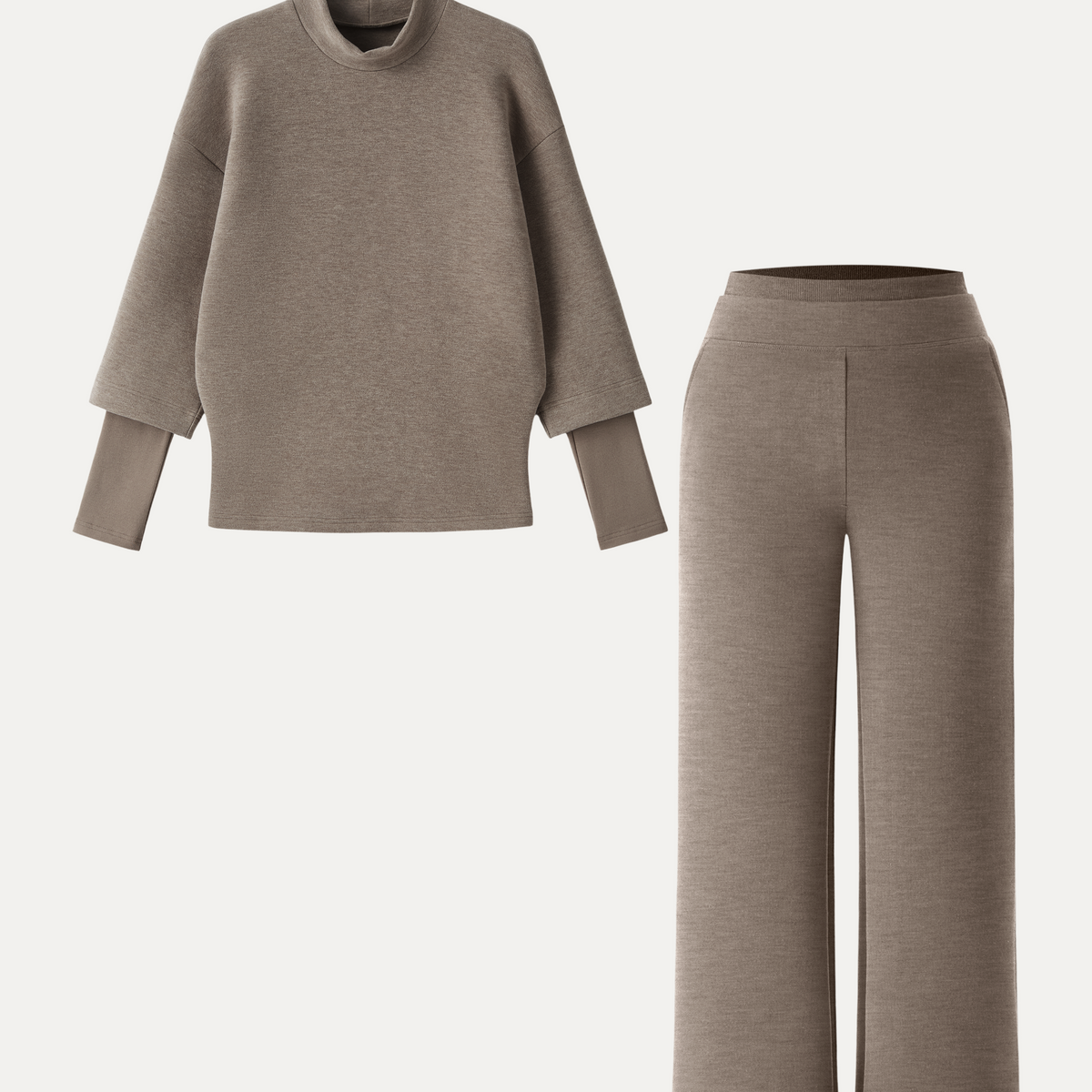 Taupe Mock Neck Knit Top and Wide Leg Trousers Set